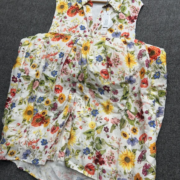 Tahari Floral Dress 18W Linen Blend Belted Fit Flare Midi Garden Cottage Plus - Picture 8 of 11